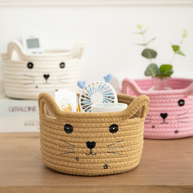 Japanese cat ear storage basket cotton rope storage tray desk washable miscellaneous organizer snack storage basket