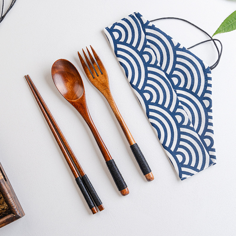 Japanese Style Internet Celebrity Western-style Gift Tableware Wooden Spoon New Style Wrapped Chopsticks Creative Portable Spoon Chopsticks Fork Three-piece Set