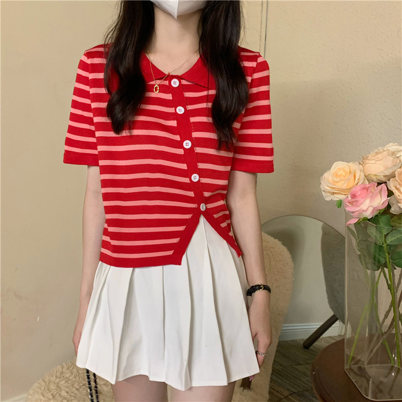 polo collar knitted cardigan short-sleeved T-shirt women ins summer  new Korean style striped irregular slit top