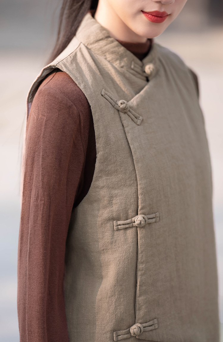 23 cotton and linen women's clothing New National style vintage buckle cotton vest top women's sand wash linen quilted warm vest_voghion.com