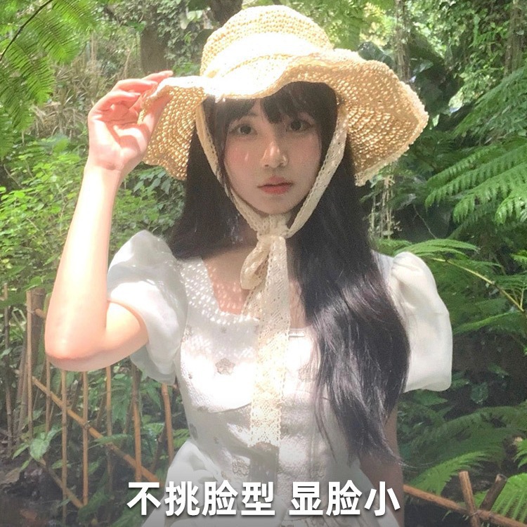 Hollow Ribbon Straw hat female summer seaside vacation straw sun protection hat Japanese beach sweet sun hat
