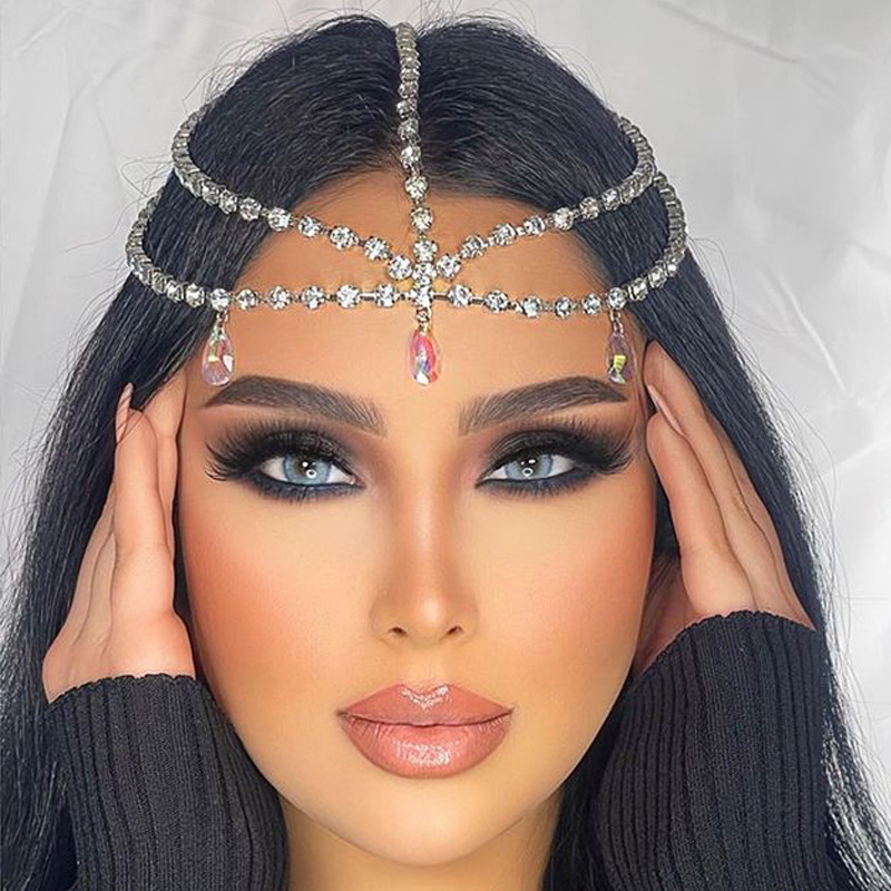 Cross-border new multi-layer forehead chain ethnic style water drop Party rhinestone hair chain European and American hair accessories hair chain