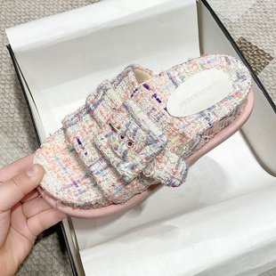 Small Fragrant Style Slippers for Outer Wear 2023 Summer New Fairy Style Square Buckle Platform Thick-soled One-line Sandals