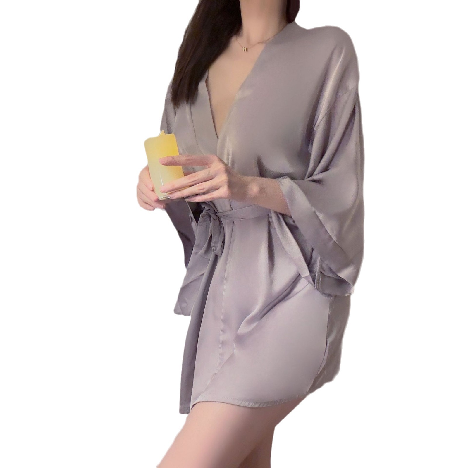 Night Fun Dessous Sexy Satin Dünne Strickjacke Schnürnachthemd Übergröße Bademantel Hauskleidung Pyjama Damenanzug_voghion.com