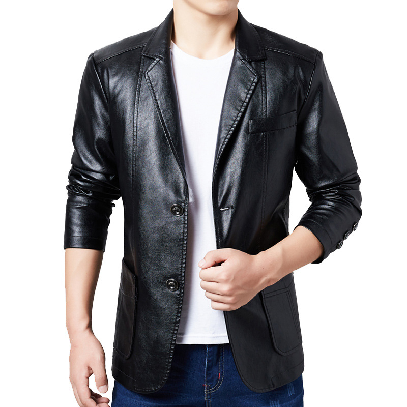 Leather suit men's autumn and winter New Korean style slim fit trendy handsome youth casual lapel fleece-lined leather jacket wholesale