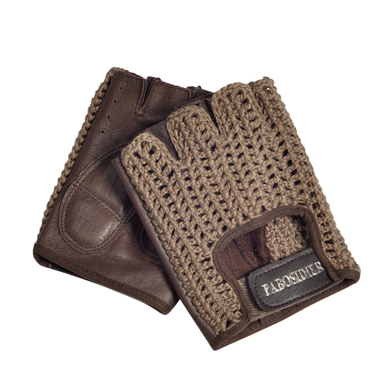 Leather Half-finger Gloves Men's Cowhide Knitted Fitness Driving Motorcycle Riding Sports Non-slip Breathable Half-finger Gloves