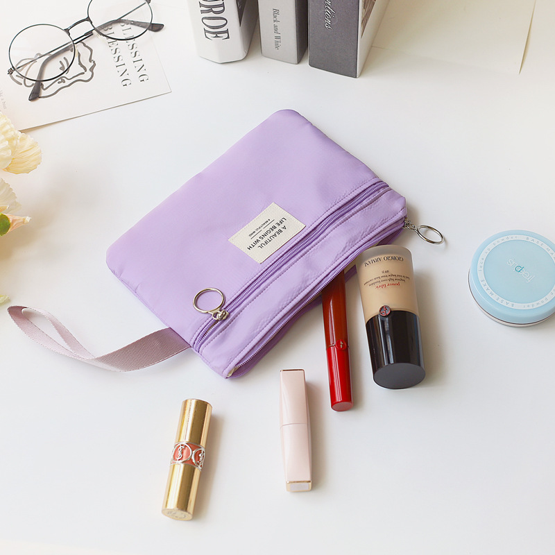 Korean style student cute portable double-layer phone bag female wrist zipper solid color fresh lipstick makeup storage bag
