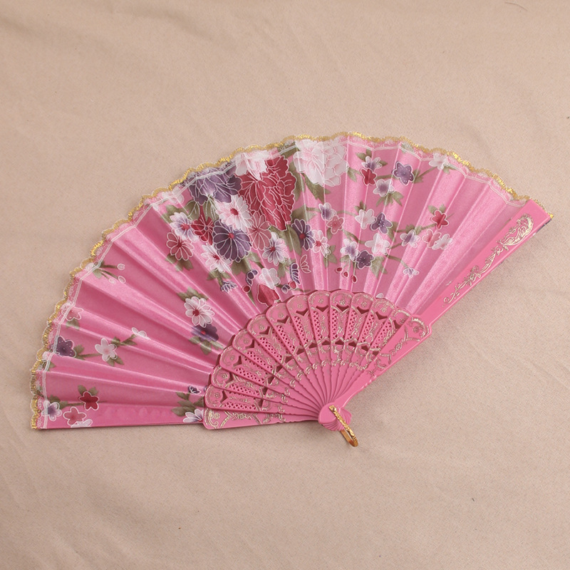 Silk cloth fan plastic fan lace folding fan satin fan floral hot stamping dance fan color factory direct sales