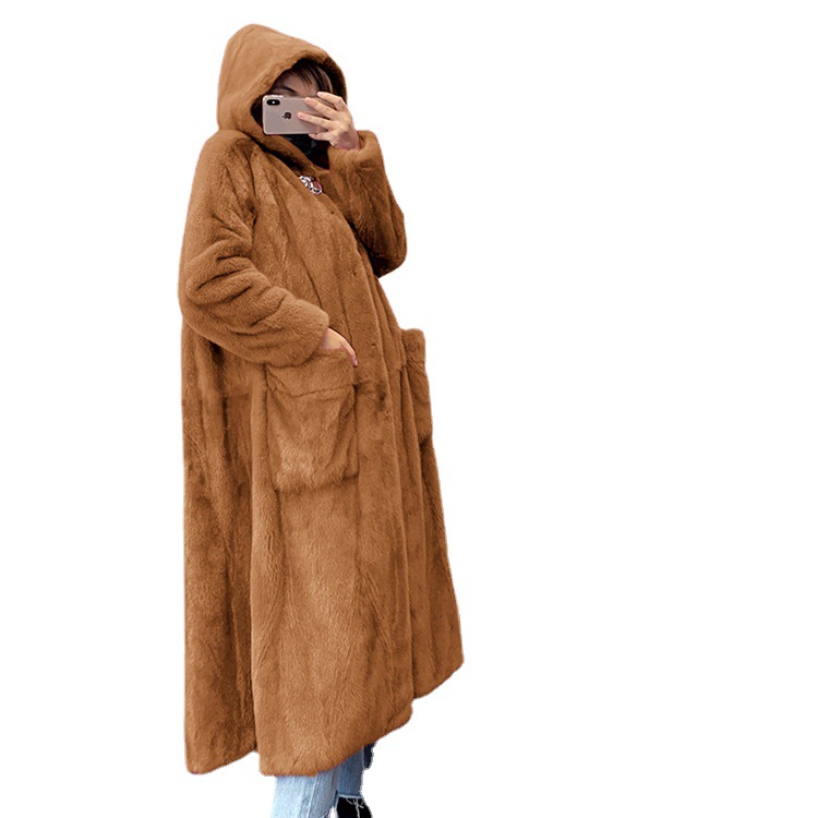 2021 new winter fashion casual plush faux fur coat women's thickened overcoat mid-length European and American hooded