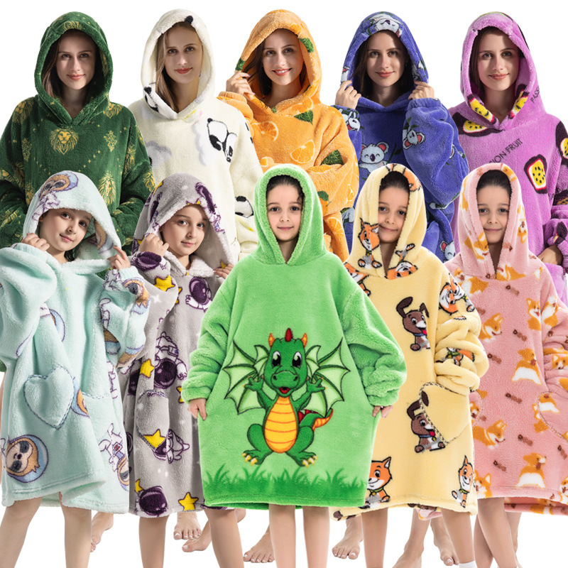 Children and adults 140cm long lazy clothing winter clothing autumn and winter printed cotton velvet cartoon pajamas home clothing