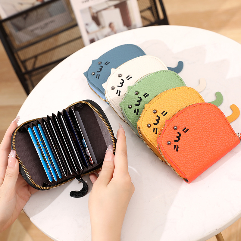 [in stock Wholesale] Card Bag Female 2024 New Litchi Pattern Cartoon Cat Embroidery Organ Card Bag PU Card Holder