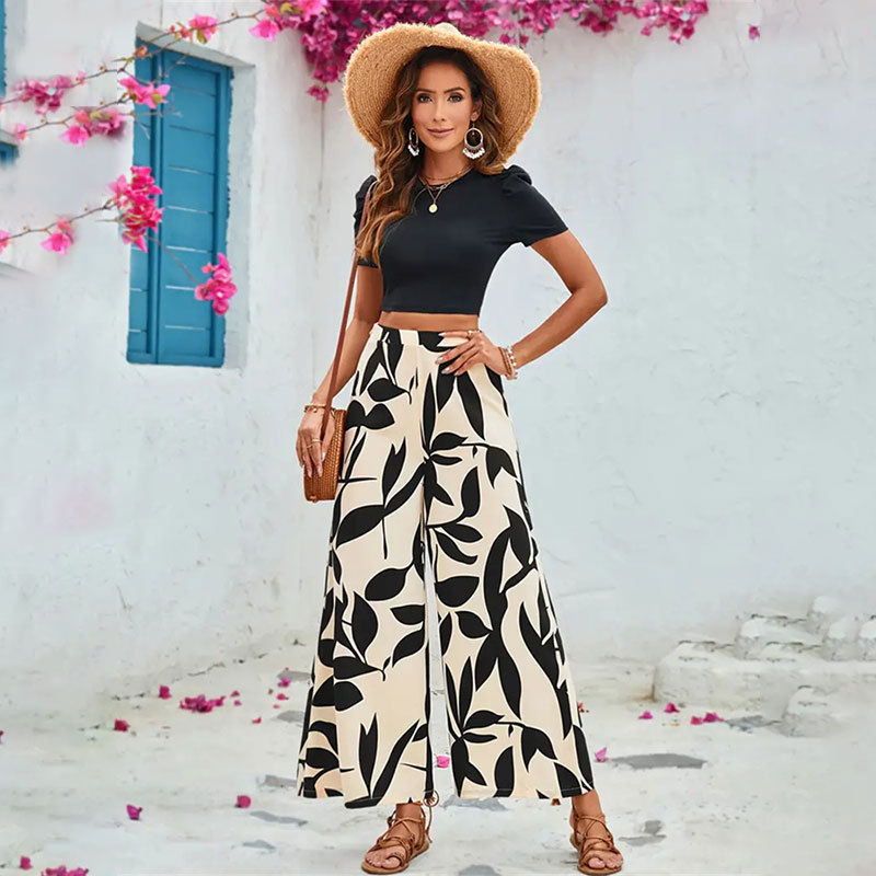 Cross-border Foreign Trade Leaf Printed Casual Pants Wide-leg Pants Short-sleeved Spring and Summer Two-piece Tight-fitting Navel-exposed T-shirt Pants Set