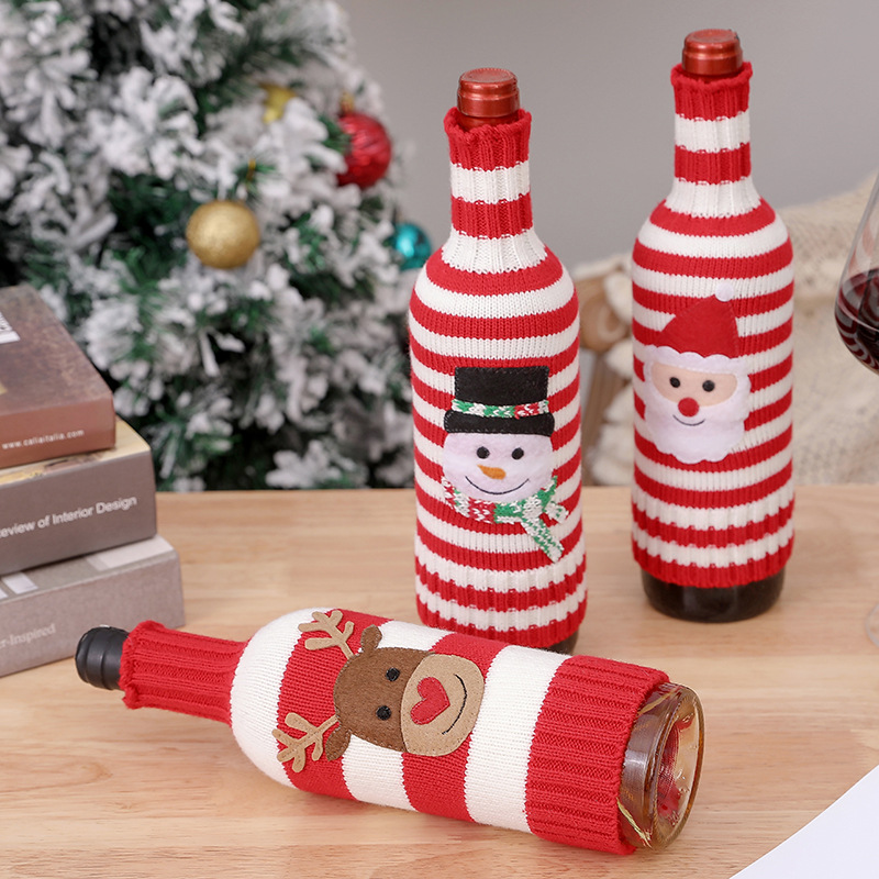Neu Weihnachtsschmuck Wolle Acryl Gestrickte Gestreifte Weinflasche Set Elch Schneemann Wein Champagner Flasche_voghion.com