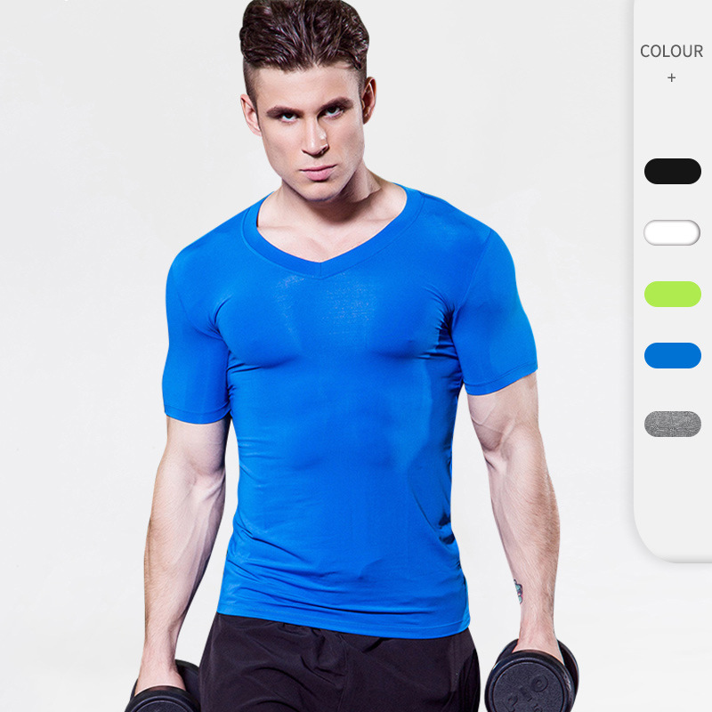 Men's V-neck Tight Short Sleeve PRO Fitness Running Sports Training Hot Sale High Elastic Quick Dry T-shirt Clothes 1118