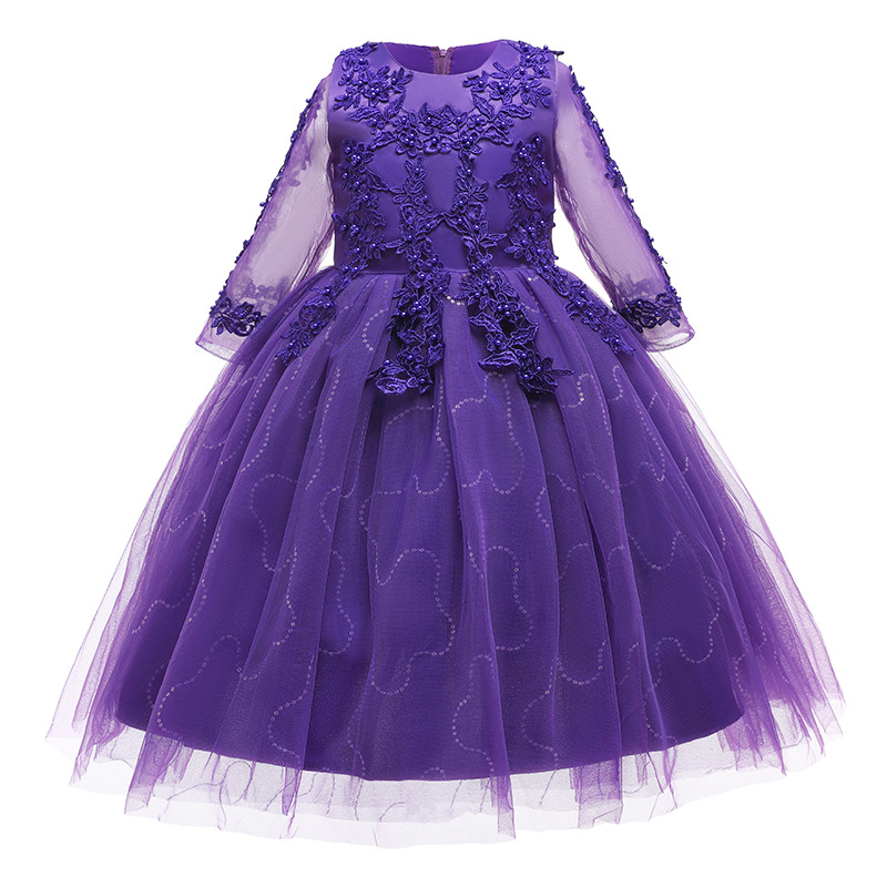 Flower girl dress long sleeve Princess sequined mesh sleeve children's long wedding dress puffy mesh girl princess dress