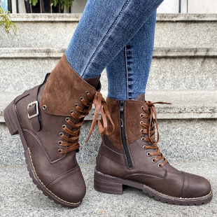 2021 European and American Foreign Trade New Couple Round Toe Martin Boots Thick Heel Lace-up Solid Color Women's Low Barrel Martin Boots