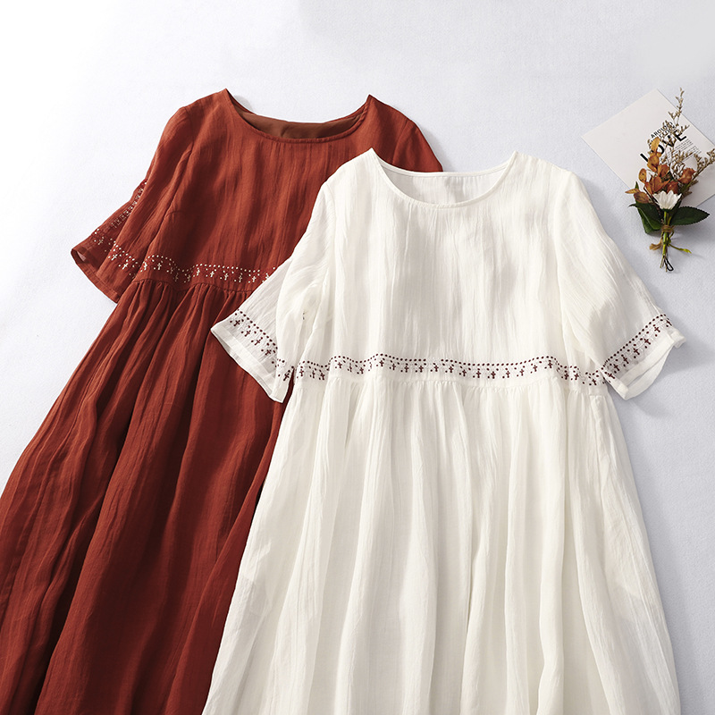 2024 summer new ramie artistic retro loose embroidered simple temperament dress for fat girls (without lining)