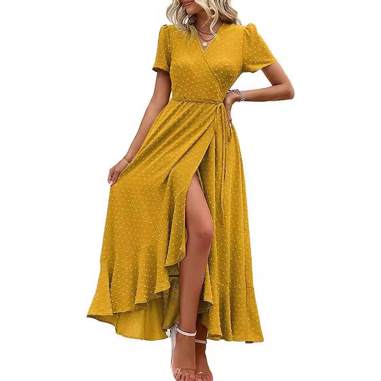Women's summer wrap casual bohemian floral V-neck short sleeve pleated hem split Beach maxi dress