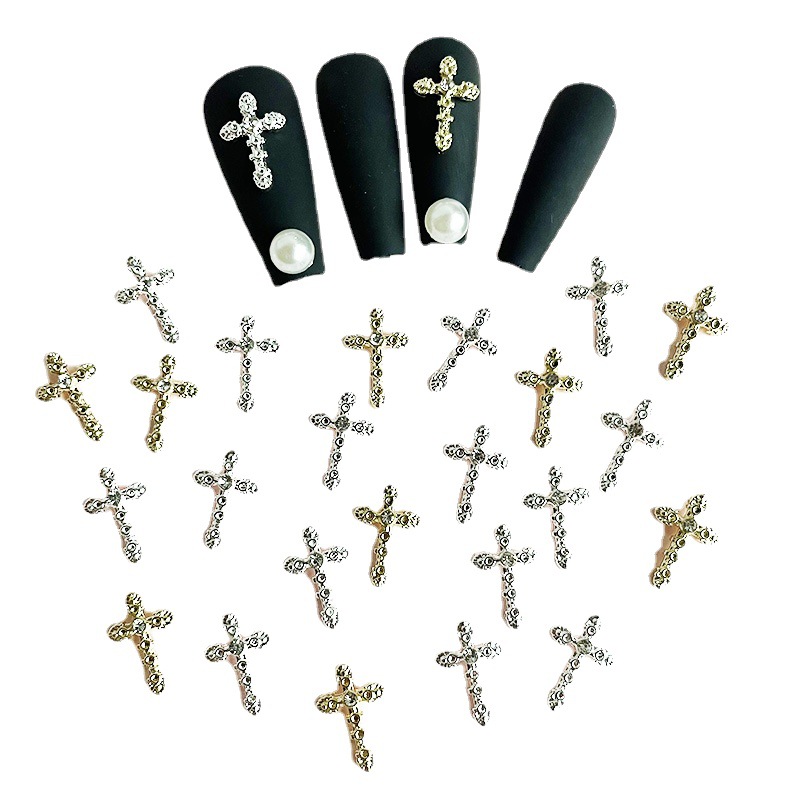 New alloy cross nail jewelry flash diamond nail decoration Mini small version retro Net Red Cross frame Diamond