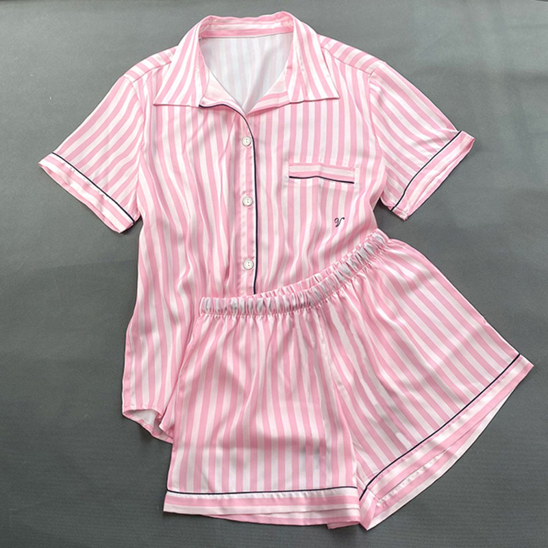 Simple ice silk pajamas women's summer new short sleeve pink stripes can be worn high-end sense home clothes suit wholesale