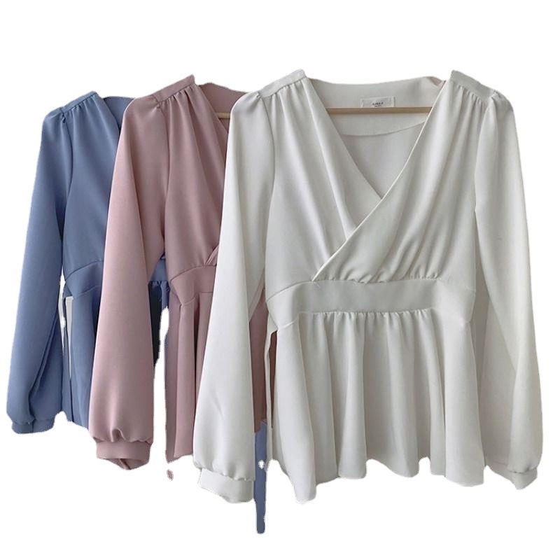 Spring and Summer Chiffon Shirt Women's Korean-style Design Sense New Elegant V-neck Elegant Tight Waist Lace-up Long Sleeve Shirt Top