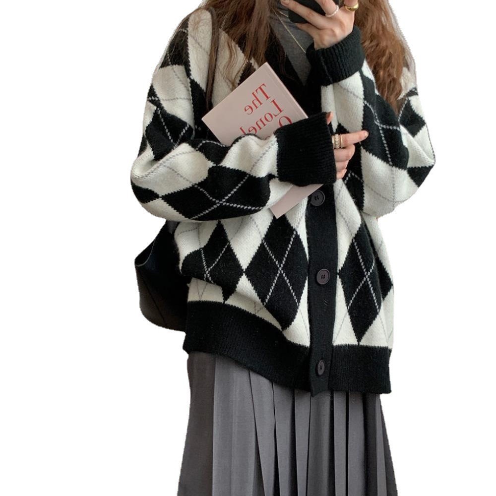 Spring and Autumn New Japanese and Korean-style Diamond-shaped Lazy Style Women's Knitted Cardigan Sweater Loose Contrast Coat Top