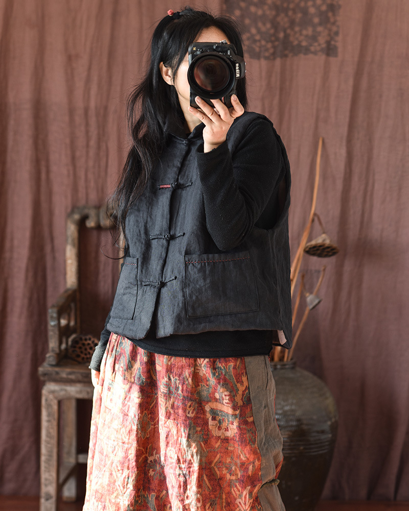 Simo/vêtements pour femmes en coton et lin faits maison gilet en coton à boucle en lin lavé au sable de haute qualité gilet en coton à enroulement rétro_voghion.com