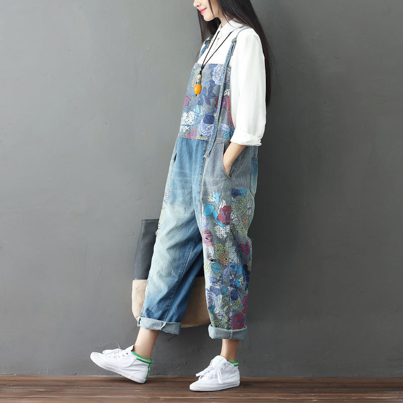 2024 distressed stitched jeans women's large size printed suspenders large crotch suspenders vagrant