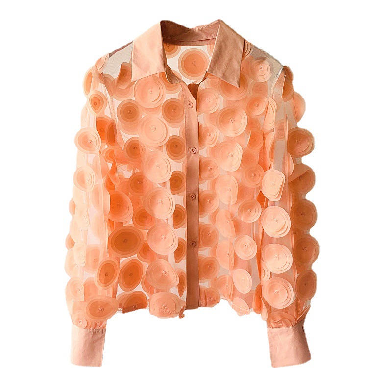 French Court Style Three-dimensional Flower Stage Dress Women's Chiffon Shirt Hollow Lantern Sleeve Stylish Mesh Shirt Women