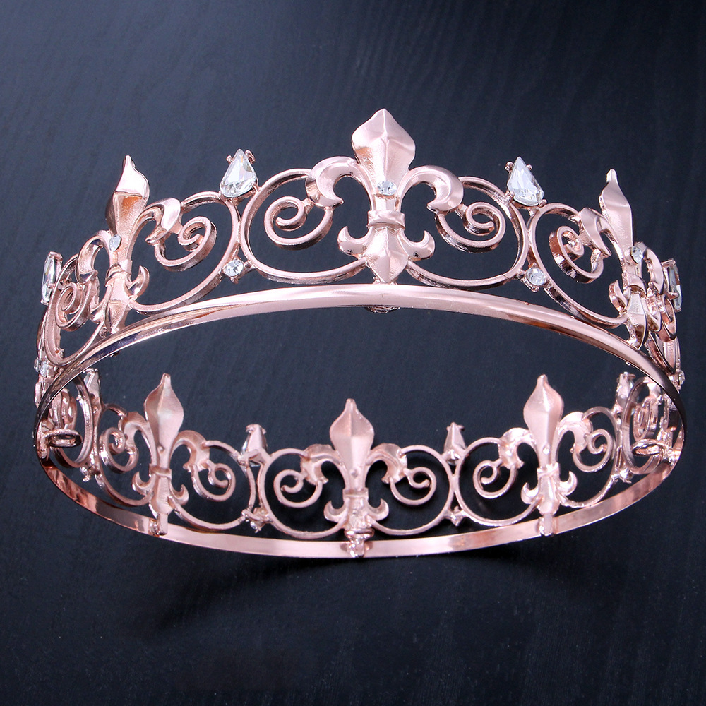 European and American Classic King Hair Jewelry Baroque Full Round Rhinestone Gold Alloy Men's and Women's Party Ball Crown Headwear