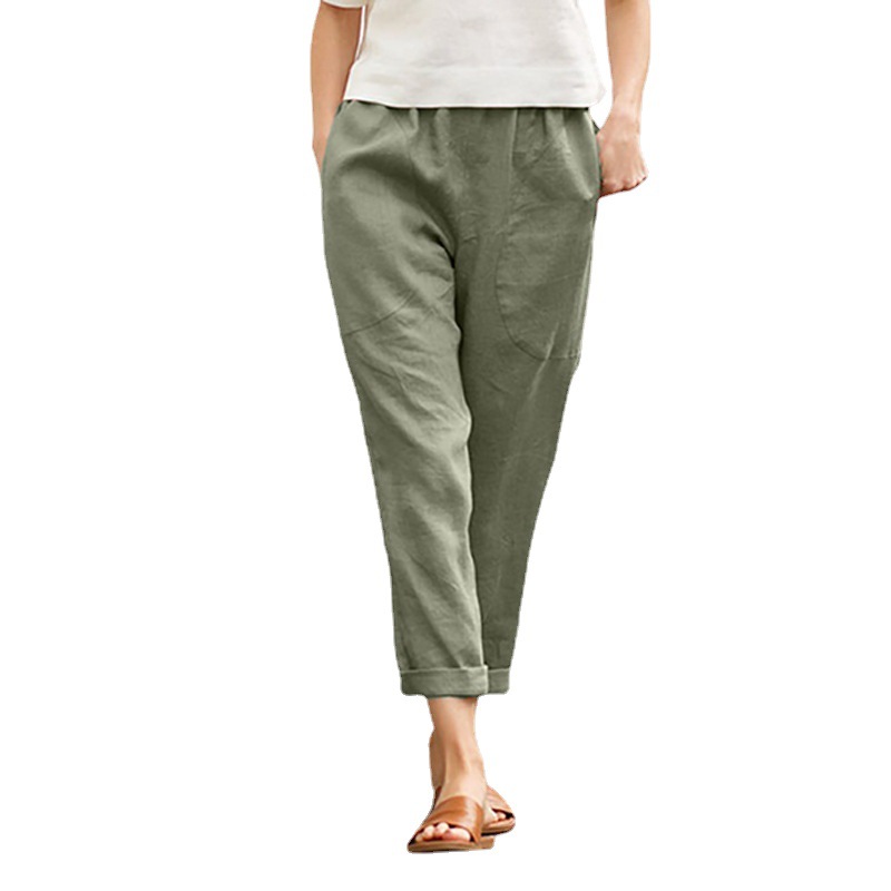 2023wish European and American Foreign Trade Women's Women's Big Pocket Solid Color Comfortable Cotton and Linen Casual Pants Straight Pants Women