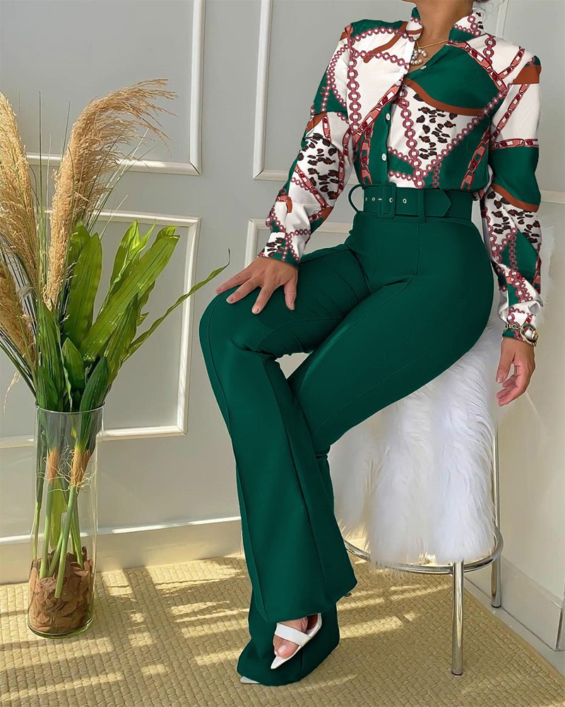 2024 European and American cross-border casual suit printed stand collar long sleeve shirt top wide leg pants two-piece set (including Belt)