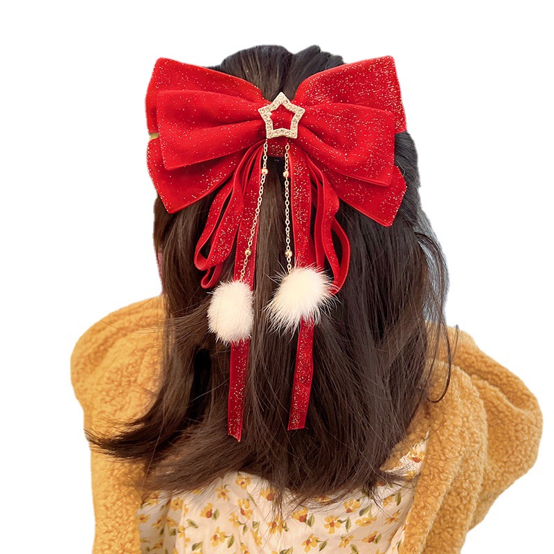 New Year festive red bow gold velvet stars hairpin hair accessories hair ball tassel headwear top clip women Wholesale