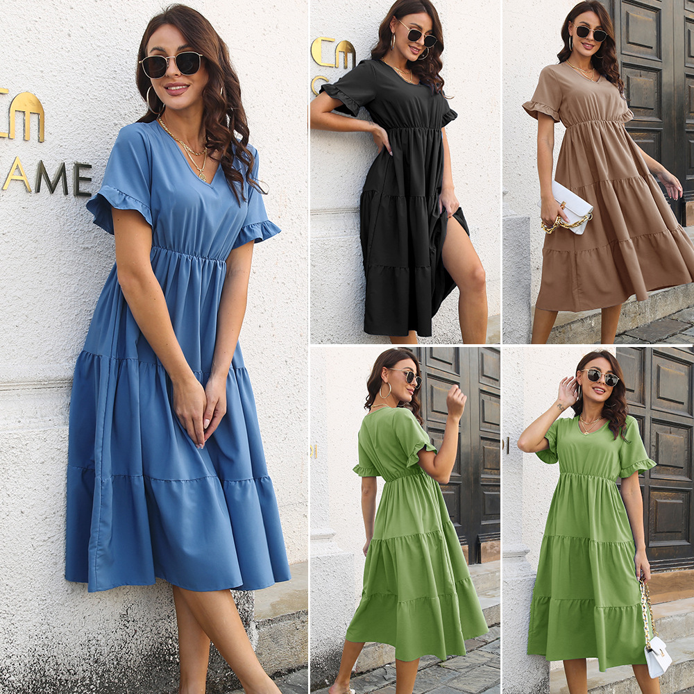 Ruffled Dress Short-sleeved V-neck Layered Large Skirt Women's Chiffon Summer New Amazon European and American Cross-border Women's Clothing