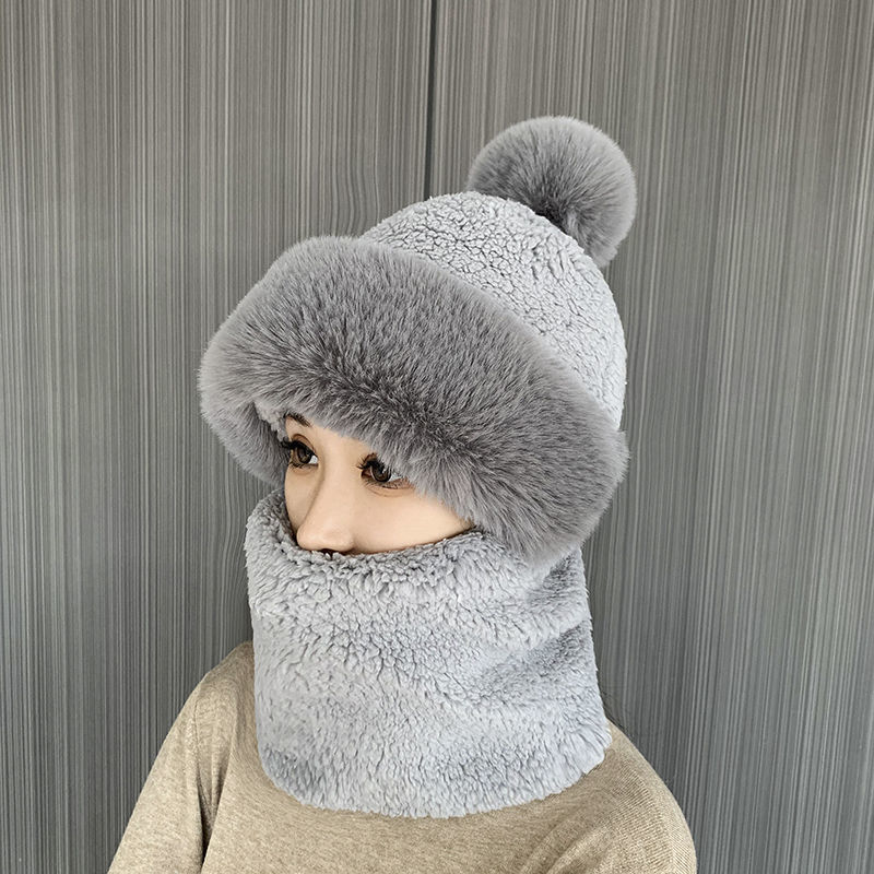 Hat women's autumn and winter New Scarf mask integrated ear protection windproof hat fleece-lined thickened riding warm toe cap