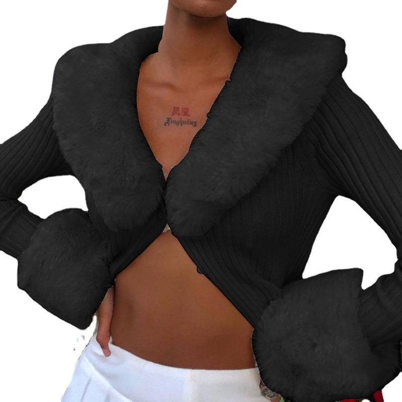 European and American Style 2023 Autumn Sexy Women's Top New Style Mao Mao Lace-up Pit Cardigan Short V-Neck Slim-Fit Knitted