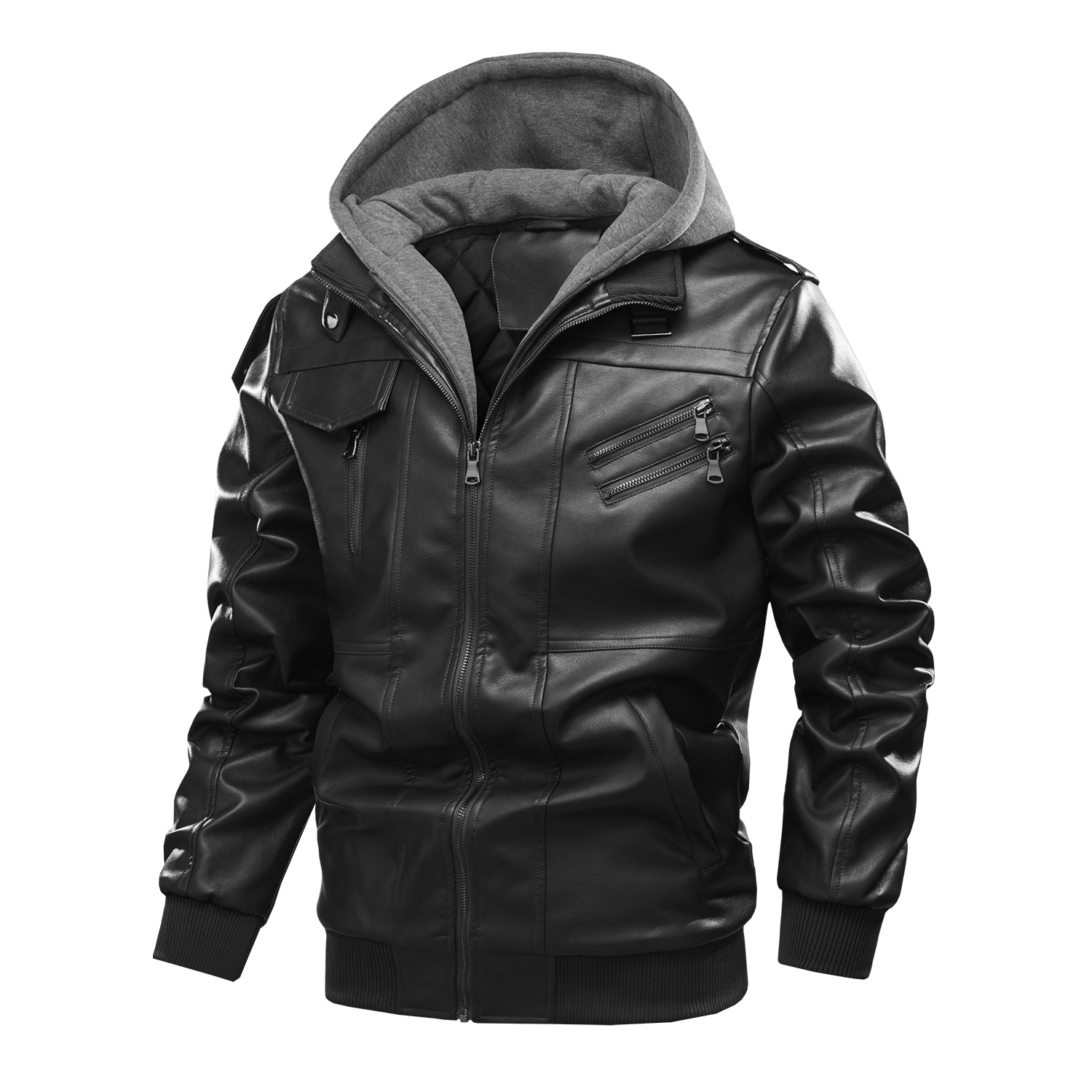 American Size Men's Casual Foreign Trade Motorcycle Puleather Clothes Pin Cotton Warm Jacket Thickened Detachable Hooded Large Size Jacket