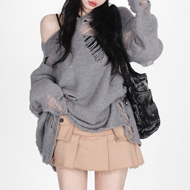 Korean style niche shoulder top casual lazy loose women's autumn ripped hollow sweater long sleeve women's fashion