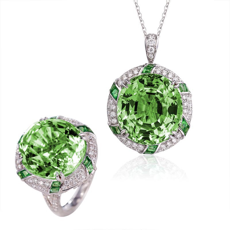 Luxurious and powerful design, heavy industry-style imitated natural olivine pendant, open-mouthed gemstone ring set, wholesale jewelry
