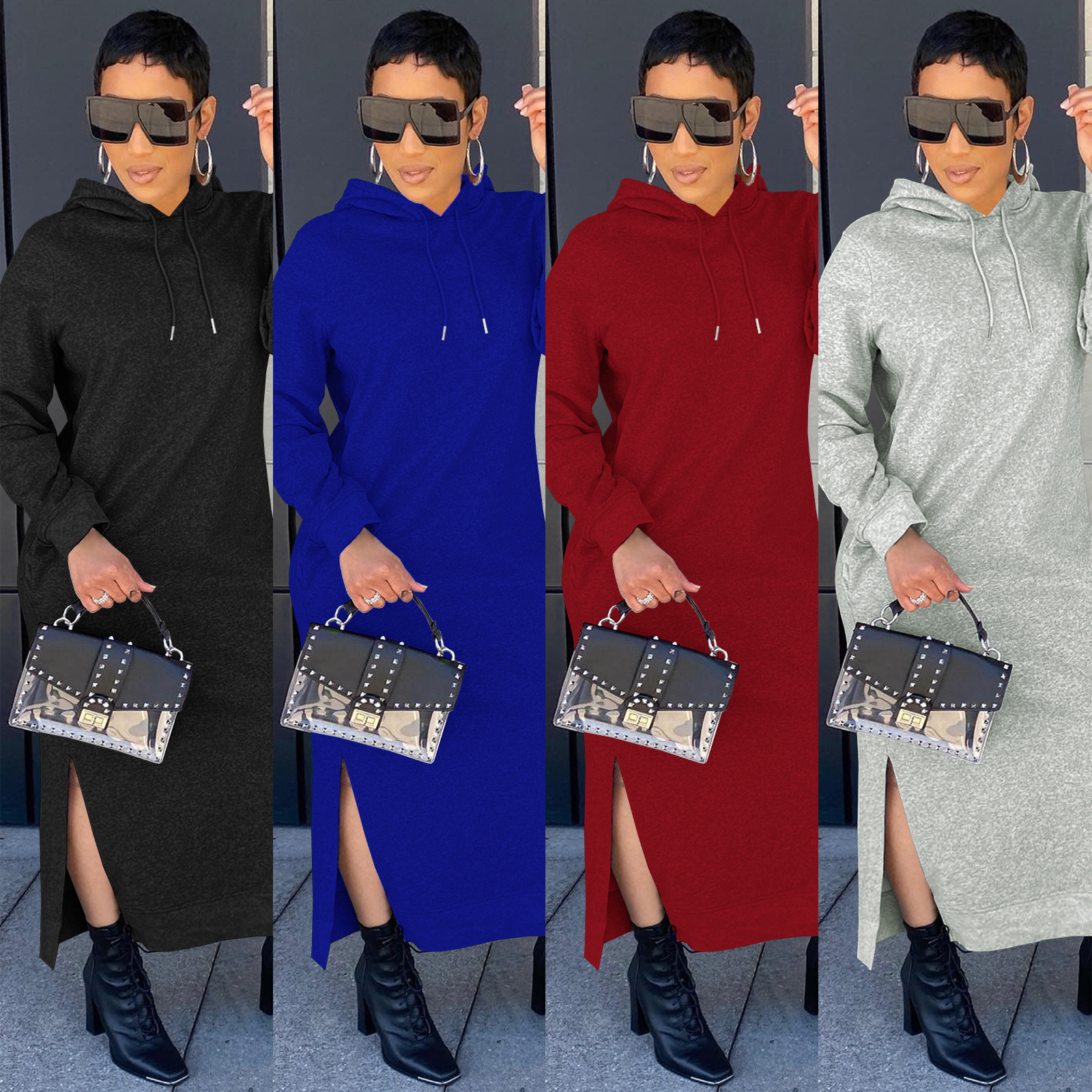 10064 European and American Women's Fashion Casual Solid Color Hooded Sweater Solid Color Dress