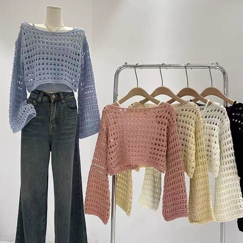 2024 Spring and Summer New French Short Long-sleeved Hollow Knitted Sweater Women's Design Sense Thin Sunscreen Blouse Top