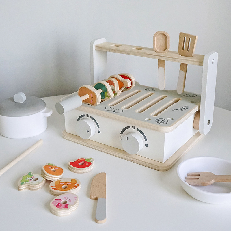 Children's Wooden Portable Mini Kitchen Gas Stove Toy Children's Cooking and Cooking Set Simulation Tableware