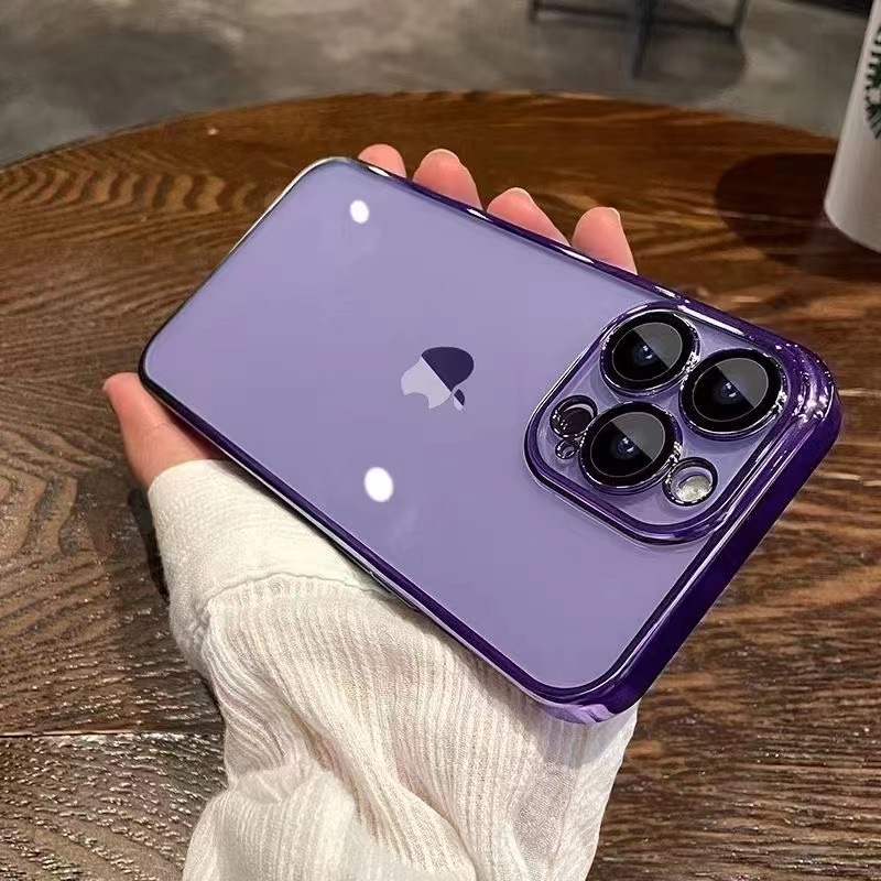 簡約適用蘋果15PROMAX手機殼透明電鍍iPhone14PRO鏡頭膜13防摔軟/