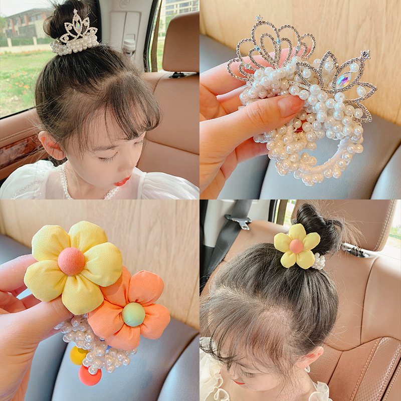 Children's Pearl Crown Hair Band Headwear Princess Headband Korean New Flower Little Girl's Ball Head Rubber Band