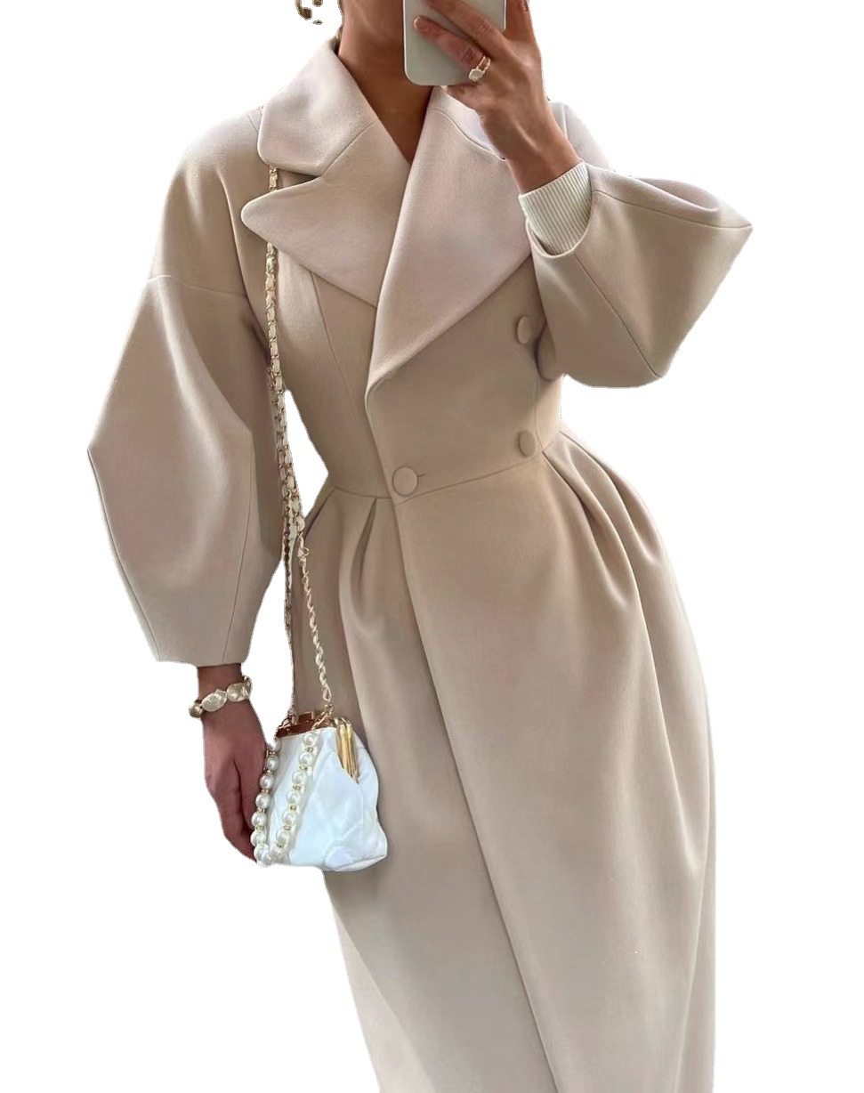 Cross-border European and American Autumn and Winter New Retro Court Style Lantern Sleeve Large Lapel Woolen Coat Long Coat