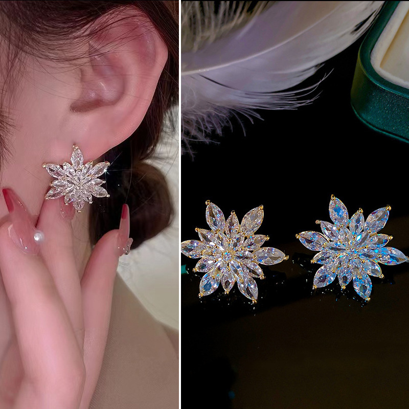 S925銀針超閃鋯石雪花耳釘女輕奢小眾設計高級感個性百搭氣質耳環
