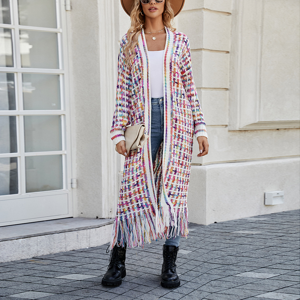 2024 winter new European and American foreign trade plus size tassel long cardigan coat sweater cross-border explosions women's wholesale