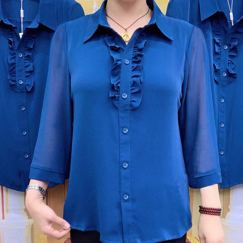 Large Size Women's Clothing for Middle-aged and Elderly Mothers Spring and Autumn New Loose Fungus Lace Seven-sleeve Shirt Women's Top Clothing
