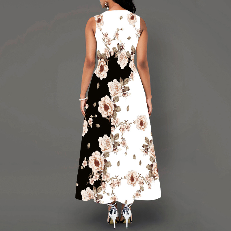 Cross-border Amazon European and American Round Neck Sleeveless Vest Printed Dress Pocket Waist Large Size Long Dress Large Swing Dress for Women