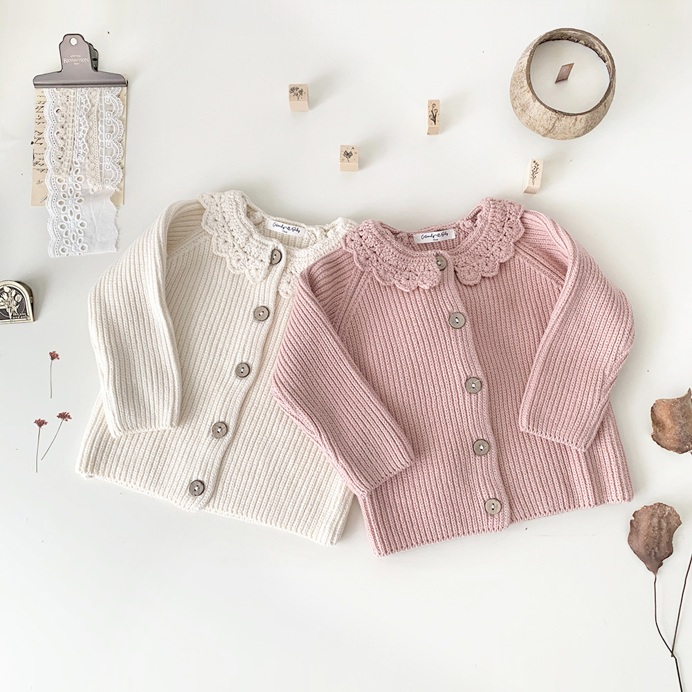 Cutemily autumn and winter cross-border baby girl hand hook lotus leaf collar cardigan baby girl thick vintage sweater coat